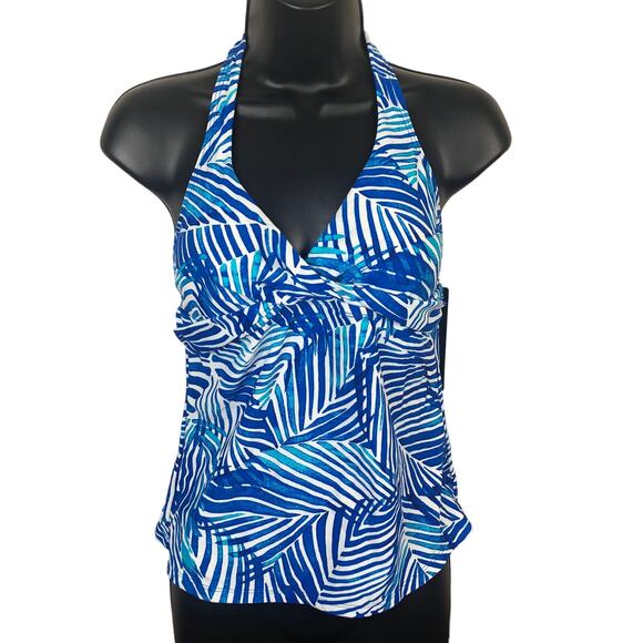 NEW CHAPS Womens 6 Tropical Leaf Print Tankini Swim Top Marina Blue - Picture 1 of 8